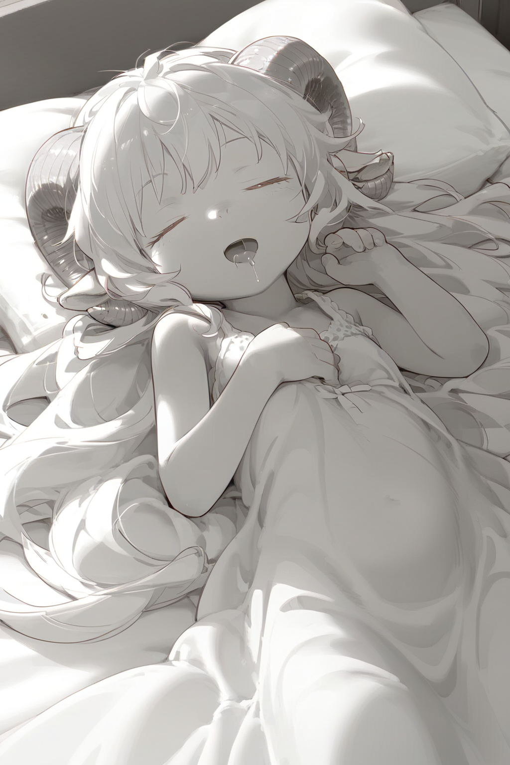 lauriescooper, sheep horns, very long hair, fluffy hair, white hair, sheep girl, young, messy hair,
futon, pillow, closed eyes, bed, sleeping, lying, under covers, blanket, happy, smile, :3, slightly open mouth, drool, nose bubble, bad posture,  night gown,
(black and white, manga effect, :1.5),
(score_9,score_8_up, score_7_up), zPDXL2, 4k,(dream illustration:1.2),(dynamic angle shot:1.4), (detailed skin texture:1.1), cinematic lighting,
<lora:Laurie:0.8>,
<lora:kakebuton_SDXL_V1:1>,
<lora:detailed_notrigger:1>,
<lora:a31_style_koni:0.6>,
<lora:nai3animation_v2.6_sanstans:0.3>,
<lora:outline_xl_kohaku_delta_spv5x:-1>,