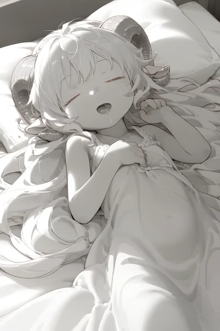 lauriescooper, sheep horns, very long hair, fluffy hair, white hair, sheep girl, young, messy hair,
futon, pillow, closed eyes, bed, sleeping, lying, under covers, blanket, happy, smile, :3, slightly open mouth, drool, nose bubble, bad posture,  night gown,
(black and white, manga effect, :1.5),
(score_9,score_8_up, score_7_up), zPDXL2, 4k,(dream illustration:1.2),(dynamic angle shot:1.4), (detailed skin texture:1.1), cinematic lighting,
<lora:Laurie:0.8>,
<lora:kakebuton_SDXL_V1:1>,
<lora:detailed_notrigger:1>,
<lora:a31_style_koni:0.6>,
<lora:nai3animation_v2.6_sanstans:0.3>,
<lora:outline_xl_kohaku_delta_spv5x:-1>,
