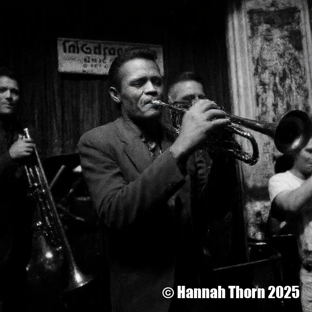 A  captivating single black and white photograph, reminiscent of a Dorothea Lange portrait fused with a  gritty Henri Cartier-Bresson street scene, depicts a jazz band performance in  a dimly lit New Orleans club.  The central figure, a middle-aged Black man playing trombone with eyes closed, embodies the relaxed intensity of a Louis Armstrong  performance, bathed in chiaroscuro lighting à la Rembrandt.  To his right, a blurry, almost impressionistic bassist and a sharply focused trumpeter (a  close-up worthy of a Diane Arbus study, showcasing the strain of intense focus) complete the ensemble.  The background, suggesting depth through selective focus and atmospheric perspective, features "The Spotted Music Club" sign and street glimpses, creating  a nostalgic mood akin to a Walker Evans photograph.  The grainy texture mimics vintage silver gelatin prints, while the overall composition evokes a powerful narrative through light and shadow. <lora:_Flux\Vintage_Jazz-Club.safetensors:0.7000000000000001:0.7000000000000001> <lora:_Flux\_Characters\Chet_Baker_old.safetensors:1.0:1.0>