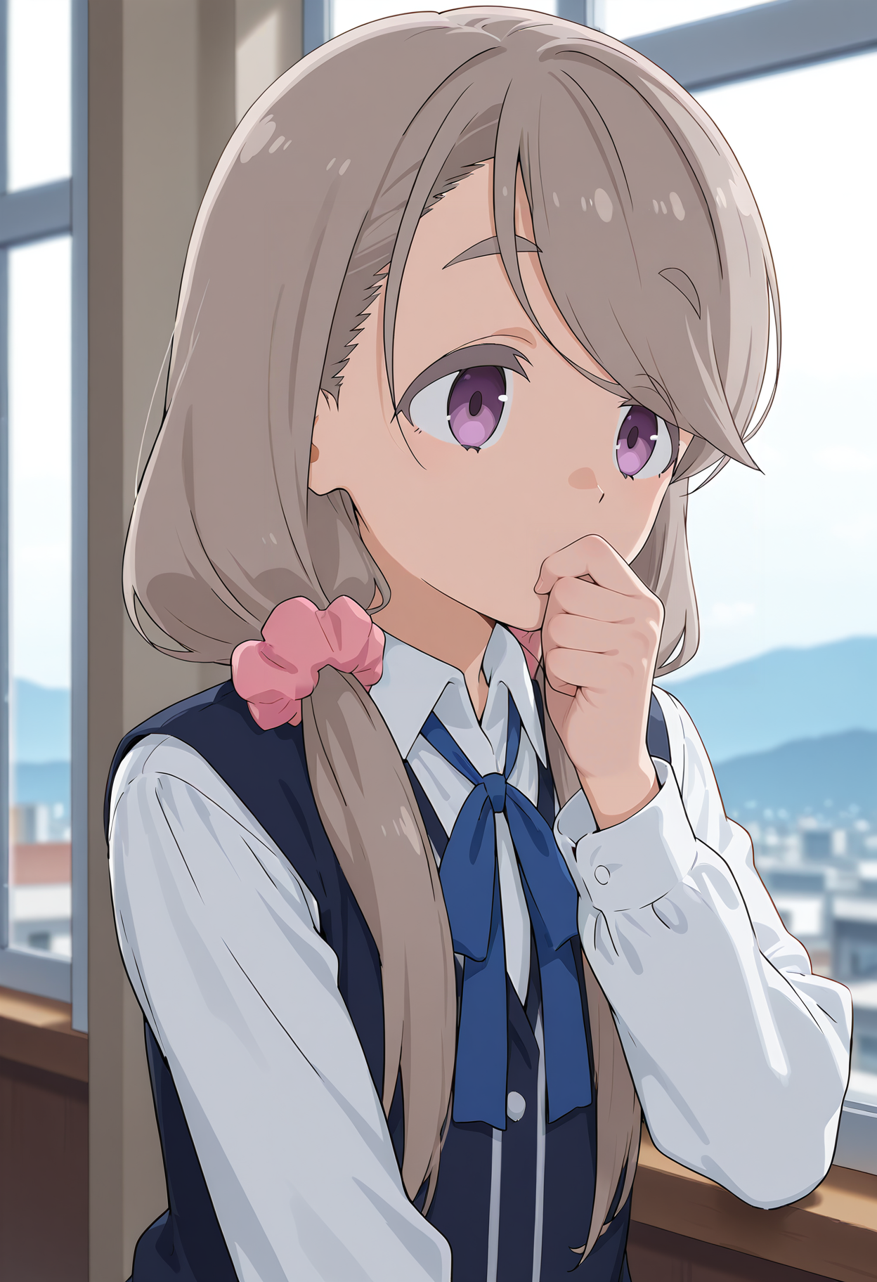 <lora:Shikishima Sakurako_Illustrious-000010:1>,
Shikishima Sakurako,solo,hair scrunchie,pink scrunchie,shirt,white shirt,collared shirt,ribbon,vest,blue ribbon,upper body,long sleeves,blurry background,blurry,covering own mouth,thick eyebrows,hair over shoulder,window,indoors,neck ribbon