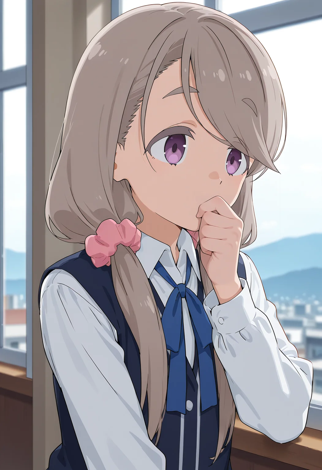 <lora:Shikishima Sakurako_Illustrious-000010:1>,
Shikishima Sakurako,solo,hair scrunchie,pink scrunchie,shirt,white shirt,collared shirt,ribbon,vest,blue ribbon,upper body,long sleeves,blurry background,blurry,covering own mouth,thick eyebrows,hair over shoulder,window,indoors,neck ribbon