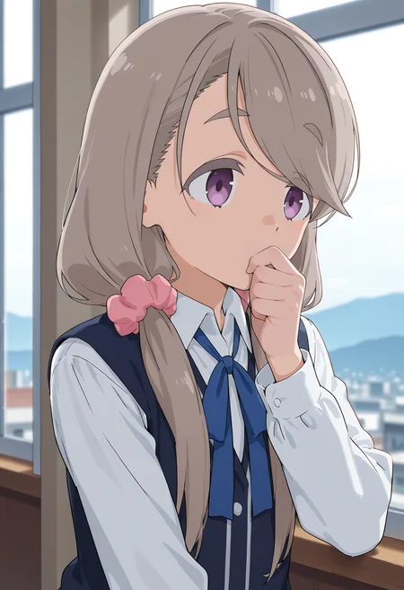 <lora:Shikishima Sakurako_Illustrious-000010:1>,
Shikishima Sakurako,solo,hair scrunchie,pink scrunchie,shirt,white shirt,collared shirt,ribbon,vest,blue ribbon,upper body,long sleeves,blurry background,blurry,covering own mouth,thick eyebrows,hair over shoulder,window,indoors,neck ribbon