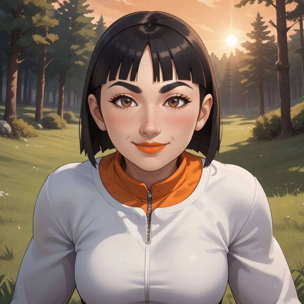 score_9, score_8, BREAK, solo, wii, mii, 1girl, female mii, brown eyes, blush, black hair, lips, orange clothing, white pants, shoes, cute, nintendo mii, modern_mii, classic_mii, breasts, marisa_(wii_sports), wii sports, black eyebrows, sexy pose, smile, outdoors, sunlight, shadows, evening lighting, natural lighting, forest, trees, grass, orange sky, sunset