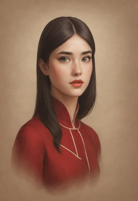 on parchment,"Ilya Kuvshinov" style.
Portrait of "Gorgeous girl With ((green)) Eyes". red silk dress, Claudia, lipstick, 
intricate details, (depth of field,bokeh:1.2), full-body photograph , cute girl, adorable, petite, long black hair, white strip in hair, long flowing hair, innocent, perfect face, beautiful face, bttrfrckl, bimbo lips, red silk . Ray-Tracing. Anti-Aliasing. Realistic soft shadows. Low saturation colors. Insane quality. Insane resolution. Insane details. Masterpiece. 32k resolution.