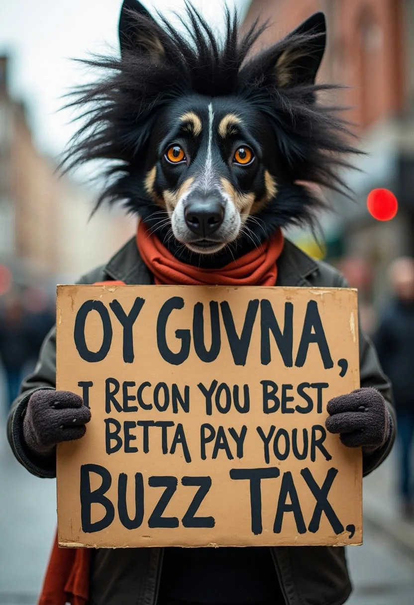 A peaky blinders looking character holding a sign with the text “OY GUVNA, I RECON YOU BEST BETTA PAY YOUR BUZZ TAX”