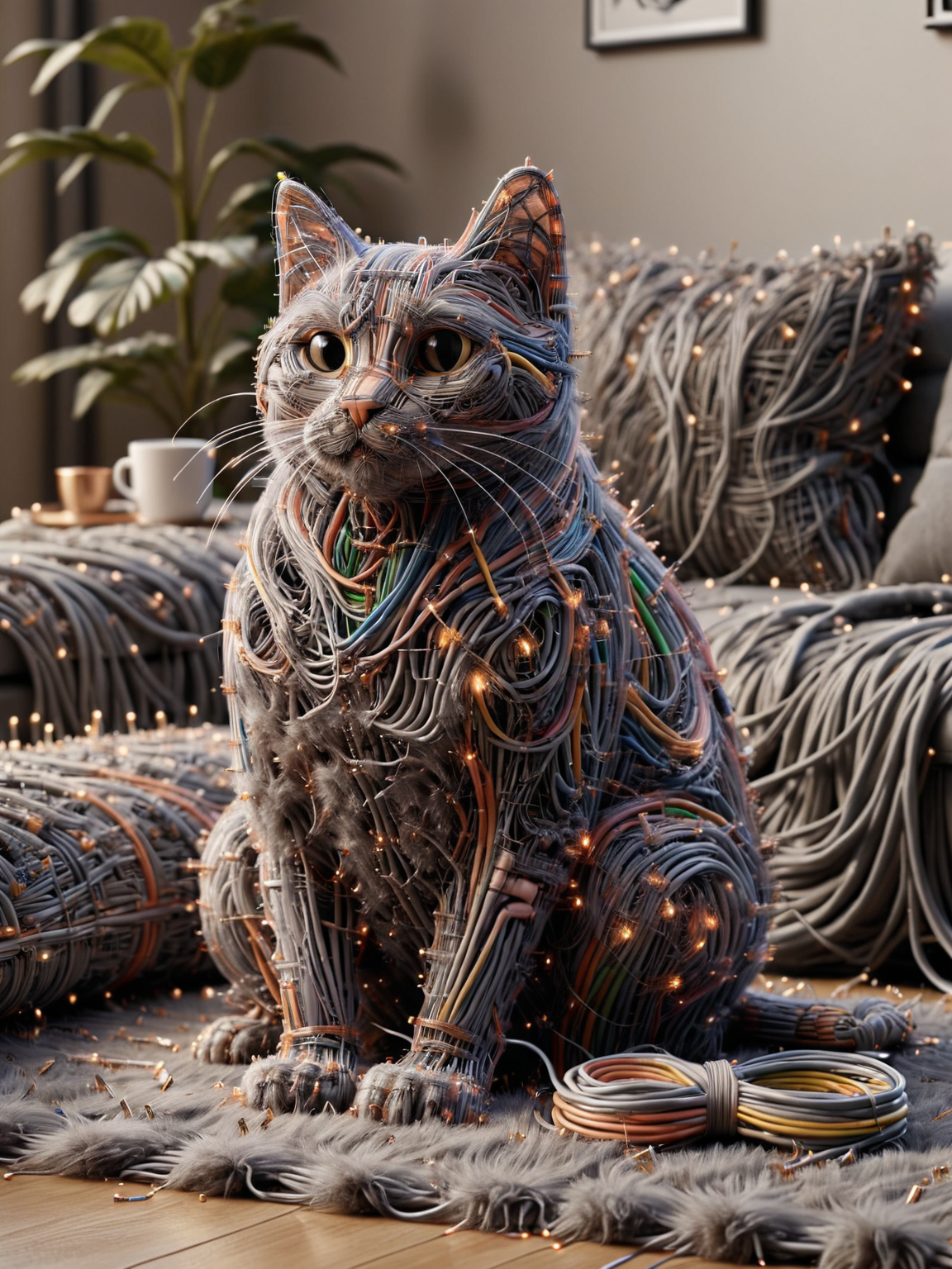 ais-wirez cat, sitting on a fluffy cushion, in a living room <lora:Electrical_Wires_Style_SDXL:1>