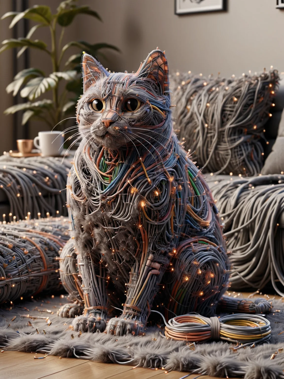 ais-wirez cat, sitting on a fluffy cushion, in a living room <lora:Electrical_Wires_Style_SDXL:1>