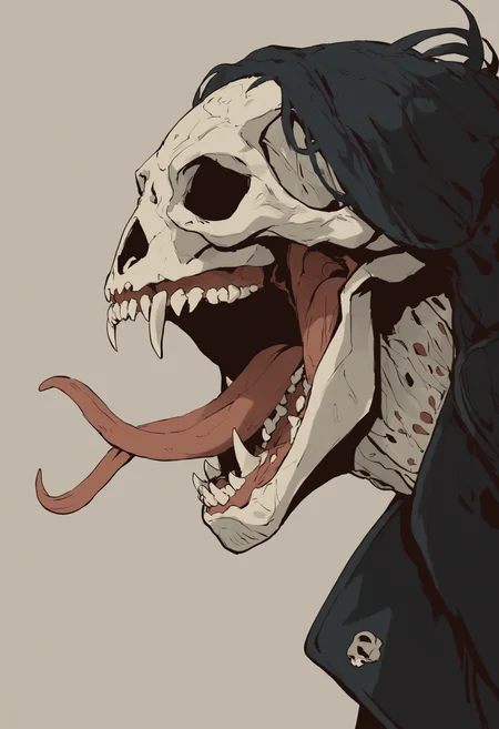 <lora:invincible_v2:1> invncbl, artbook illustration, score_9, score_8_up, score_7_up, score_6_up, score_5_up, score_4_up, solo, animal skull head, screaming, long split tongue, fangs, head closeup, black leather coat, horror atmosphere, side view