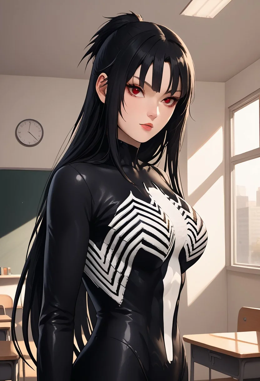 score_9, score_8_up, score_7_up, score_6_up, 1girl , sources_anime, anime-colored, details, <lora:Expressive_H:1> ,Black hair, very long hair, divide bangs, red eyes, biggest breast,sexy pose , nudes girl, thick girl, room, classroom, solo, bodysuit,full black bodysuit, big symbols spider white on suit, perfect symbols spider white on suit, SheVenom, venom suit, symbiote suit,