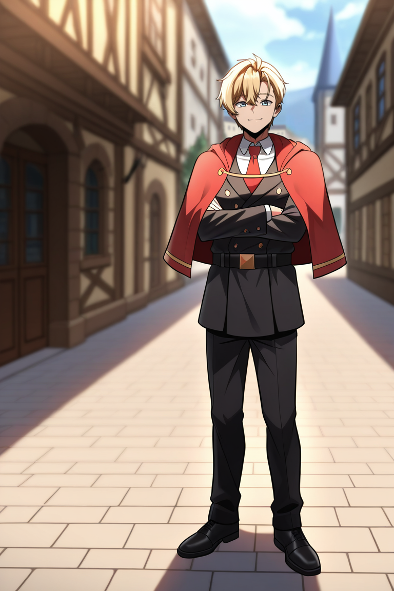 masterpiece, best quality, amazing quality, very aesthetic, high resolution, ultra-detailed, absurdres, newest, scenery, volumetric lighting, depth of field,anime screencap, , , 1boy, solo, male focus,  <lora:ed_rothstaylor:0.88>,ed rothstaylor,light blue eyes,blonde hair,short hair,looking at viewer,side swept,smile, shirt, long sleeves, closed mouth, standing, jacket, white shirt, full body, necktie, shoes, collared shirt, pants, belt, black footwear, capelet, black jacket, black pants, crossed arms, formal, suit, red necktie, facing viewer, black belt,,red capelet,outdoors,town