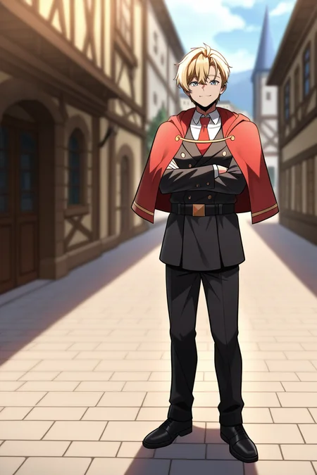 masterpiece, best quality, amazing quality, very aesthetic, high resolution, ultra-detailed, absurdres, newest, scenery, volumetric lighting, depth of field,anime screencap, , , 1boy, solo, male focus,  <lora:ed_rothstaylor:0.88>,ed rothstaylor,light blue eyes,blonde hair,short hair,looking at viewer,side swept,smile, shirt, long sleeves, closed mouth, standing, jacket, white shirt, full body, necktie, shoes, collared shirt, pants, belt, black footwear, capelet, black jacket, black pants, crossed arms, formal, suit, red necktie, facing viewer, black belt,,red capelet,outdoors,town
