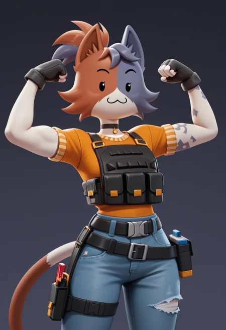masterpiece, good quality, best quality, very awa, very as2, absurdres, highres, 2d, CateMeowdyFN, anthro, calico, simple face, multicolor fur, ears, cat ears, cat tail, :3, furry, animal ears, body fur, arm markings, ponytail, black gloves, fingerless gloves, choker, short sleeves, orange shirt, belt, holster, torn clothes, pouch, jeans, denim, black plate carrier, flexing, <lora:CateMeowdyFortnite:0.8>