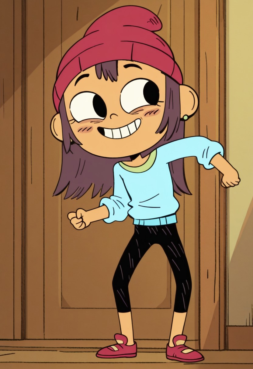 masterpiece, best quality, amazing quality, Lily Pak, solo, 1girl, black eyes, long dark brown hair, specks on cheeks, red beanie, long sleeved cyan shirt, black pants, green earrings, red shoes, grin, full body