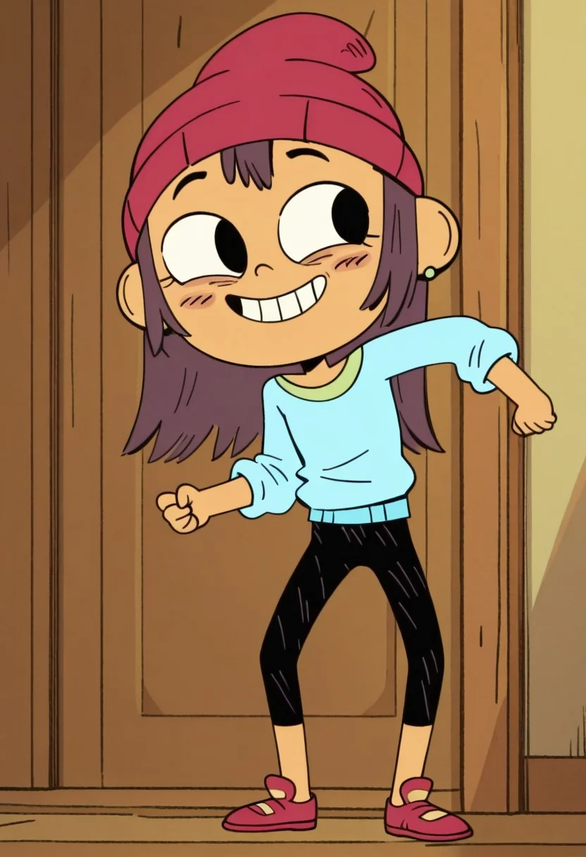 masterpiece, best quality, amazing quality, Lily Pak, solo, 1girl, black eyes, long dark brown hair, specks on cheeks, red beanie, long sleeved cyan shirt, black pants, green earrings, red shoes, grin, full body