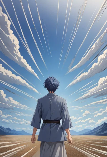 high resolution, solo, best quality, 1Boy, Tomoya Okazaki, Grey Blue Hair, existential longing, fantasy background, strong wind, OverallDetail