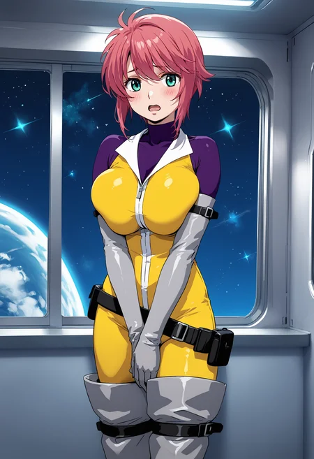score_9, score_8_up, score_7_up, score_6_up, score_ANIME,1girl, feldtgrace,yellow jumpsuit, feldtmovie, 1girl, solo, turtleneck bodysuit, pink hair, open collar, belt, elbow gloves, green eyes, short hair, huge breasts,, <lora:feldt_grace_pony:0.8>, looking at viewer, blush, open mouth, window, space, night sky, embarrassed, thigh boots, own hands together, (breasts squeezed together:1.5),
