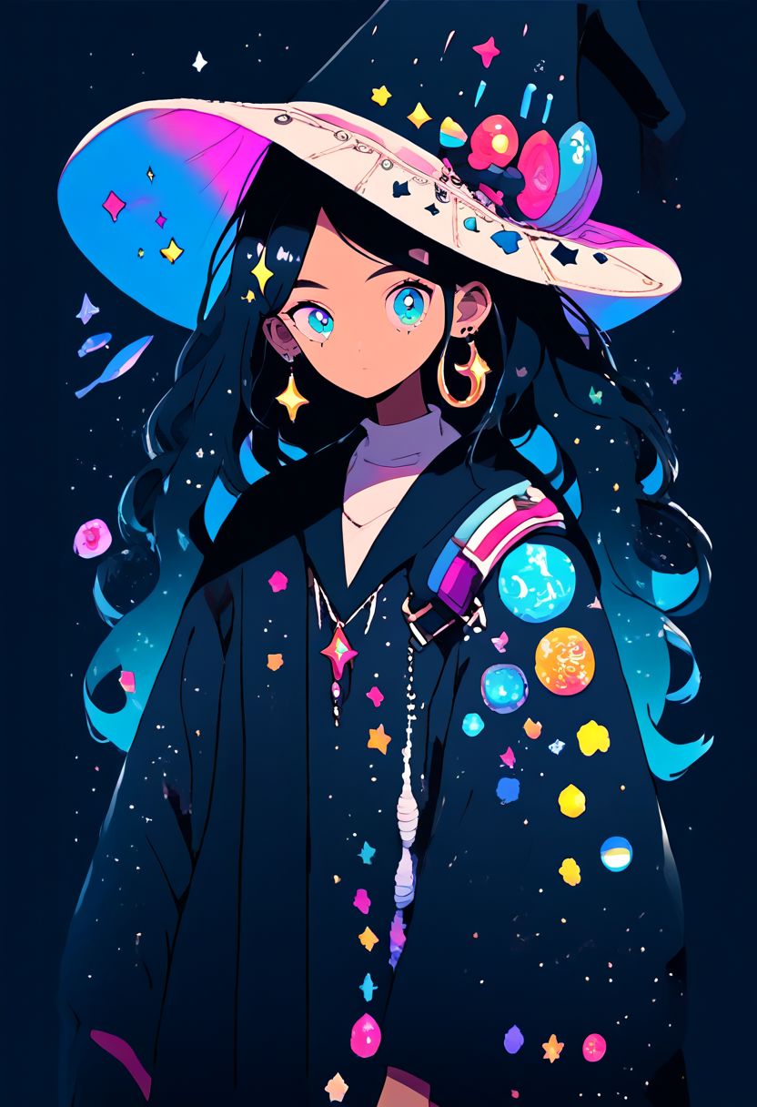 score_9, score_8_up, score_7_up, 1 girl. astrologian, big black coat, big black hat,blue eyes, black hair, tanned skin, he robe and hat are decorated with jewelry in the shape of stars and fashions, and surrounded by fairy shine, who holds a book about planets in her hand, nightsky in background, star clear sky. simple black background, cute confident pose, 
 <lora:XLPCharacterDesign_Concept:0.7> CharacterDesignXL, black and white art, anime, toonish