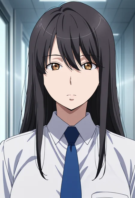 masterpiece, best quality, amazing quality, very aesthetic, absurdres, newest, illustration, perfect composition, intricate details, highres, anime coloring, 1girl, solo, (portrait:1.2), yukiww, mature female, brown eyes, black hair, long hair, bangs, hair between eyes, uniform, blue necktie, white collared shirt, breast pocket, short sleeves, looking at viewer, shiny body, shiny skin, skindentation, clear skin, shiny hair, ultra detailed eyes, depth of field, sharp, intricate details, hyperdetailed, ultra-detailed, detailed clothing folds, high contrast, dynamic light <lora:Kaizuka_Yuki_Aldnoah_Zero_ill_v1.1:1>