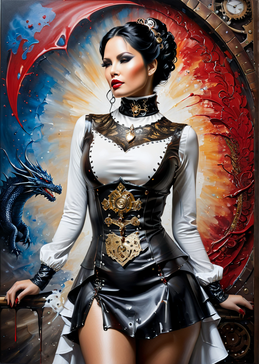 masterpiece, best quality, dark environment, (steampunk:1.5), a european woman, black hair, big breasts, black latex, white lace, turtleneck, sexy, seductive, full body, 8K, extremely detailed, decorated clothing, dragon, bloodwave, dynamic, great lighting, perfect shading, depth of field, soft side light, very detailed glowing background, <lora:add-detail-xl:0.8> <lora:MS_AcrylicArt_V1_SDXL:1> acrylic_painting, painting, brush strokes, paint drops, paint splatter