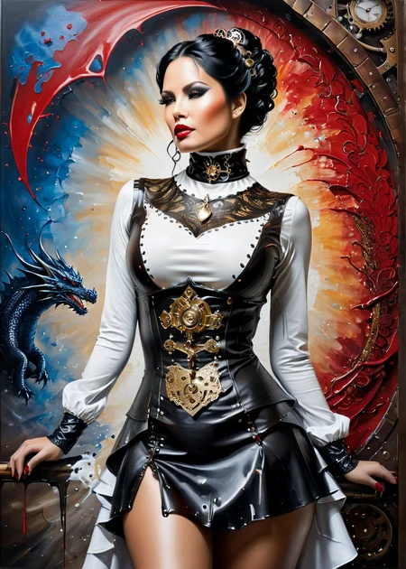 masterpiece, best quality, dark environment, (steampunk:1.5), a european woman, black hair, big breasts, black latex, white lace, turtleneck, sexy, seductive, full body, 8K, extremely detailed, decorated clothing, dragon, bloodwave, dynamic, great lighting, perfect shading, depth of field, soft side light, very detailed glowing background, <lora:add-detail-xl:0.8> <lora:MS_AcrylicArt_V1_SDXL:1> acrylic_painting, painting, brush strokes, paint drops, paint splatter