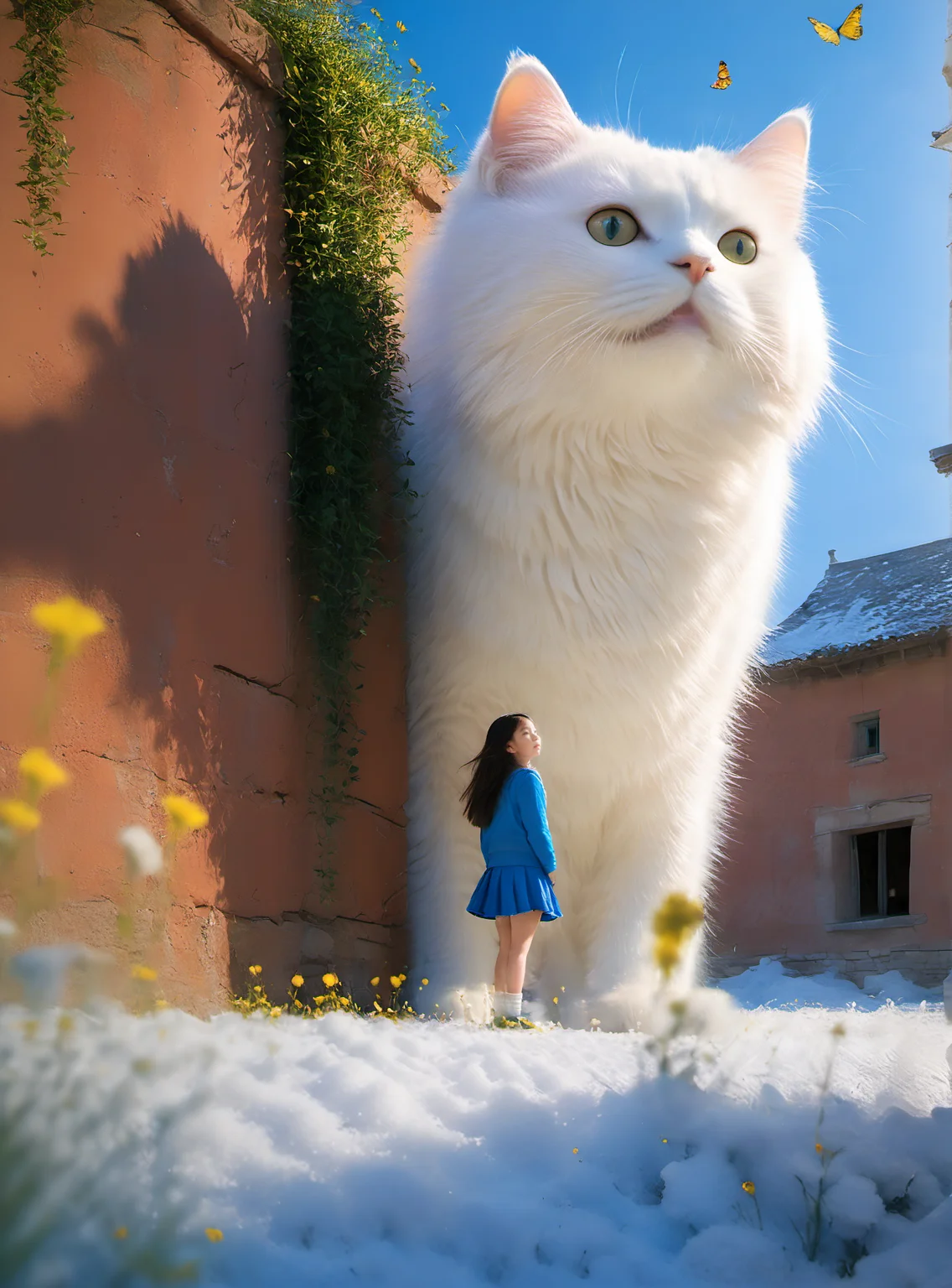 <lora:white cat è¿æV1.0-0008:1>,large white cat,a young girl,Sunlight is shining into the  lake is about to set in the evening after dark,Minimalist style sets,Desert waves,Metal texture,Physics-based rendering,Snow scene,8k resolution,Layered translucency,Smooth metallic curved lines,chiaroscuro,ray tracing,Minimalism,, (masterpiece, best quality, highres:1.2),