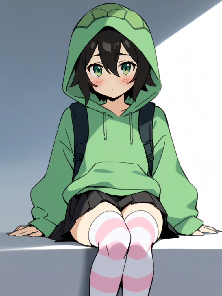 (best quality),((masterpiece)),(highres),original,extremely detailed 8K wallpaper,(an extremely delicate and beautiful),anime, vedal, looking at viewer, blush, short hair ,bangs, simple background, black hair ,long sleeves ,1boy ,  hair between eyes, sitting ,green eyes, pleated skirt, solo, black skirt, green hoodie, turtle backpack, pink striped thighhighs hood up green hoodie <lora:vedalxl:0.9>