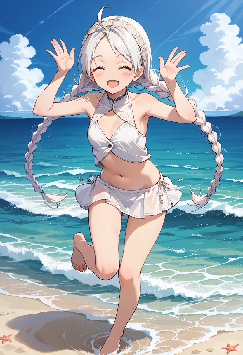 score_9, score_8_up, masterpiece, best quality, correct anatomy, detailed background, anime_source, 1girl, solo, alone, outdoors, beach, sea, barefoot, bare shoulders, exposed belly,
nina,white hair, long braids, twin braids, closed eyes, white headband, buttoned headband, white bikini, ahoge, exposed arms, bare arms,
standing in one leg, happy smile, open mouth, blush, looking at viewer,