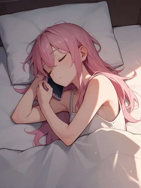 score_9, score_8_up, score_7_up, score_6_up, source_anime, <lora:talking_on_phone_v0.3-pony:1>
talking on phone, pink hair,
1girl, bed, lying, sleeping,
