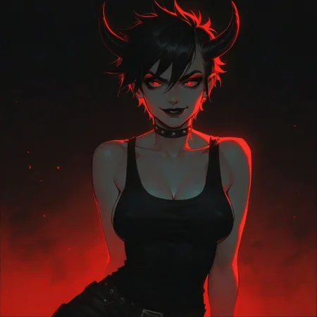 score_9, score_8_up, score_7_up, score_6_up, aesthetic ,  punk, demon, black horns, dark background, pov,  night, punk shirt, black jeans. teasing expression, playful,  nipple peek, big eyes, solo,  dutch angle,  g0thicPXL,  (big lips:0.6), large breasts, sideboob, choppy hair, short hair, cleavage, red eyes, red-black lips, smirk, downblouse, sagging breasts, solo, nipple bulge, colorful background, scifi cover