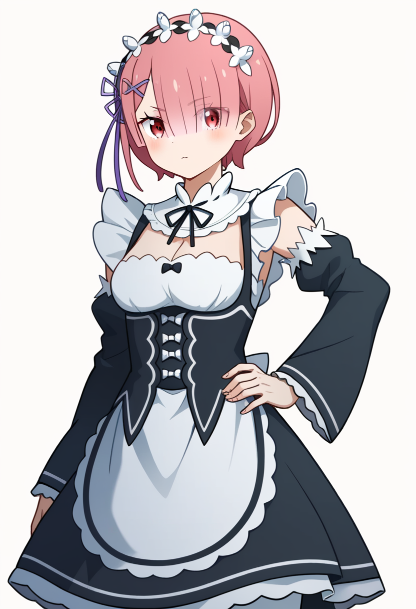 score_9,score_8_up,score_7_up,<lora:ram_pony:1>,solo, transparent_background, crossover, third-party_source, ram_\(re:zero\), official_art, white_pantyhose, looking_at_viewer, maid_apron, 1girl, maid_headdress, hand_on_own_hip, roswaal_mansion_maid_uniform, tachi-e