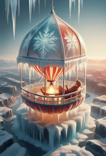 embedding:lazyup7, source_anime, 1c3_w1n73r, frozen hot air balloon made of ice, flame, glow, above clouds, no humans, icicles <lora:Varos_-_Ice_Style:0.8> <lora:Challenge_Winnifier_2025-05:0>