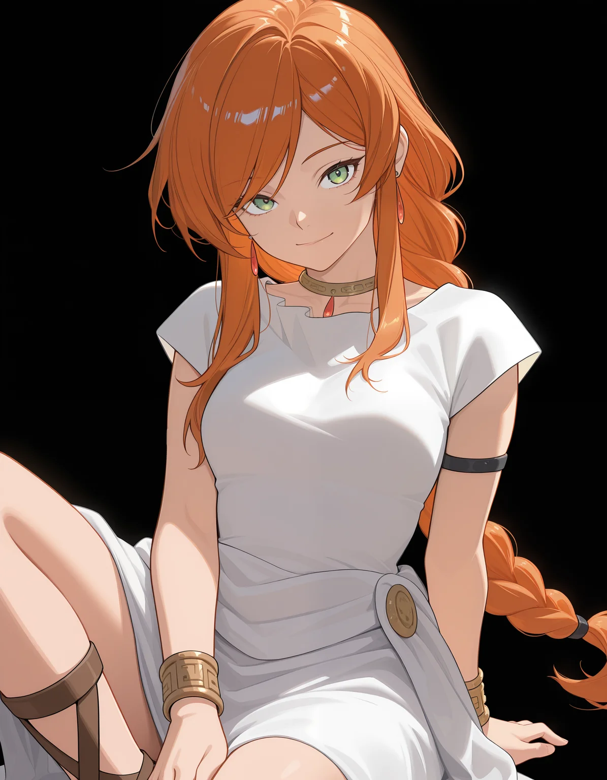 <lora:Flamme Illu:1>fl4mme, orange hair, green eyes, braided ponytail, earrings,
white dress, short sleeves, armlet, bracelet, sandals,
cowboy shot, sitting, closed smile, looking at viewer,
simple background, black background,