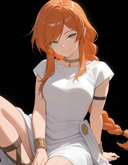<lora:Flamme Illu:1>fl4mme, orange hair, green eyes, braided ponytail, earrings,
white dress, short sleeves, armlet, bracelet, sandals,
cowboy shot, sitting, closed smile, looking at viewer,
simple background, black background,