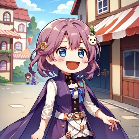 score_9, score_8_up, score_7_up, open mouth, smile, chibi, :d, :3, <lora:GyateGyate_pdxl_Incrs_v1:1>,village, emmacs3, crossed belts, hair ornament, long sleeves, purple coat, sleeveless long coat, white belt, white shirt, <lora:emma-rebake3:0.9>blue eyes,