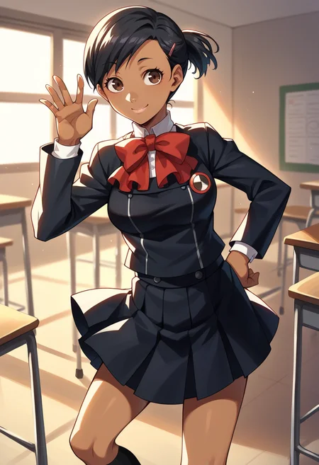 score_9, score_8_up, score_7_up, source_anime BREAK 1girl, solo,
<lora:zs_YukoXL:1> yukop3, short hair, hairclip, dark skin, brown eyes, black hair, gekkoukan high school uniform, skirt, socks,
cowboy shot, smile, closed mouth, classroom