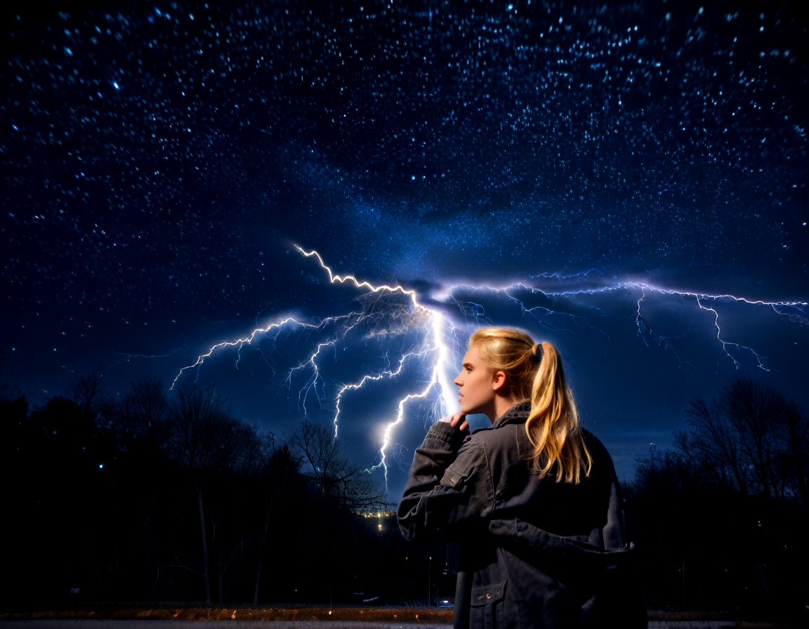 <lora:Starry_Scene:0.71> starryscene, outdoors, sky, night sky, star (sky), night time, midnight, noise offset, darkness, dark, night time, light particles, fire, black background, ((((closeup, real life, 1girl, solo, beautiful, sexy, blonde, dynamic pose, ponytail)))), lightning, electricity, <lora:detailer_pony_v4:1>