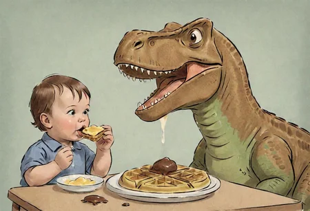 ASCII illustration, 1860 portrait of a toddler eating a waffle next to a dinosaur, warm chocolat, kodachrome, peaceful, dusty shirt