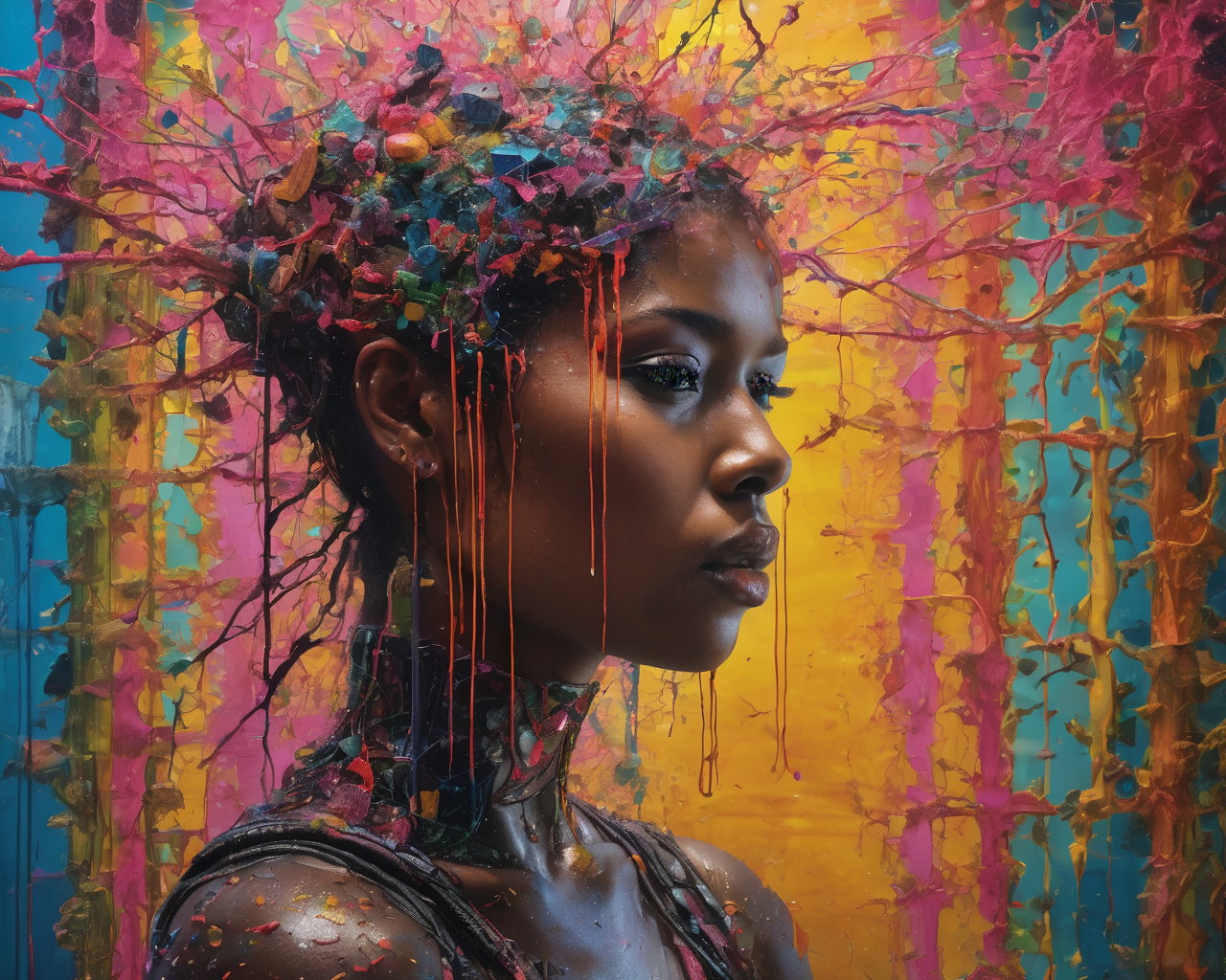 Hyperrealistic art Technopunk,photolab,Kodak portra,Light caustics,Color splash,Multiple layers of silhouette,Pencil painting,trending on CGSociety,"Through shattered mirrors of memories,reflections of a soul emerge,fragmented yet beautiful.",dripping fluorescent colorfull,(Wonderful, intricate),(a superb Art Brut Decollage art),<lora:Sweet_Sticky_xl-01:1> . Extremely high-resolution details, photographic, realism pushed to extreme, fine texture, incredibly lifelike