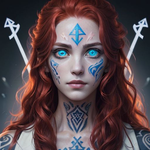 bright red hair, human female, (feminine:1.7), (beautiful face, detailed face:1.6), (beautiful eyes, detailed eyes:1.7), (looking at viewer, eye contact, intense:1.6), (long hair, red hair, curly hair:1.3), , ((masterpiece, best quality, high resolution, realistic, best quality,)), photo realistic, Perfect Face, (detailed face). <lora:GoodHands-vanilla:0.6> <lora:add-detail-xl:0.8>, mage, (Dress White military uniform coat), dagger, rune dagger, glowing runes, , (((glowing magic symbols tattoos, religious tattoos))), ((face tattoos)), glowing tattoos, stone tower in the background