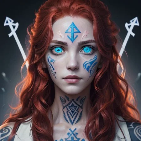 bright red hair, human female, (feminine:1.7), (beautiful face, detailed face:1.6), (beautiful eyes, detailed eyes:1.7), (looking at viewer, eye contact, intense:1.6), (long hair, red hair, curly hair:1.3), , ((masterpiece, best quality, high resolution, realistic, best quality,)), photo realistic, Perfect Face, (detailed face). <lora:GoodHands-vanilla:0.6> <lora:add-detail-xl:0.8>, mage, (Dress White military uniform coat), dagger, rune dagger, glowing runes, , (((glowing magic symbols tattoos, religious tattoos))), ((face tattoos)), glowing tattoos, stone tower in the background