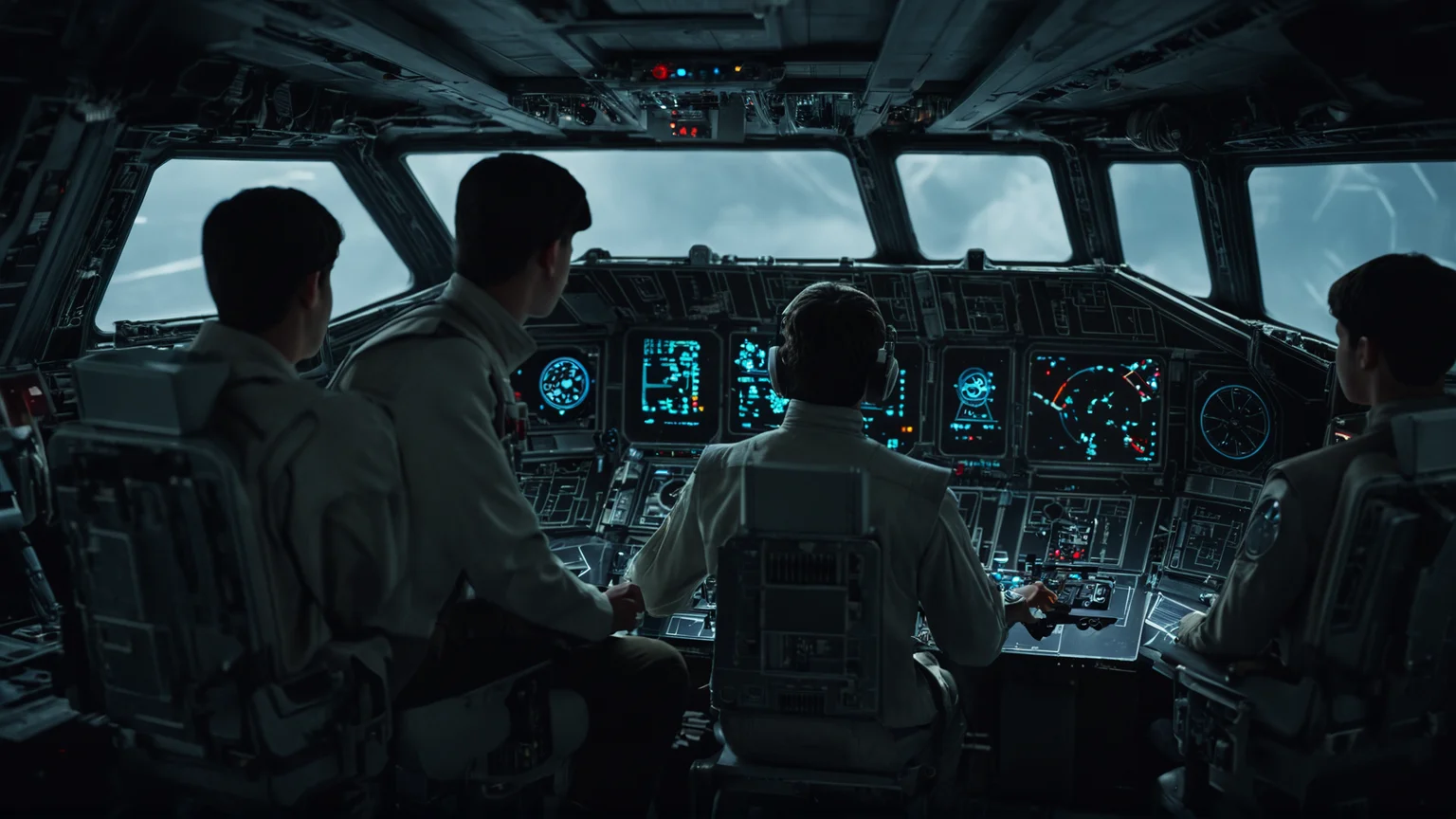 cinematic film still of <lora:star wars style v2:0.2>
<lora:detailed:0.2>
<lora:perfection style:0.2>
<lora:Ron Fricke style:0.1>
<lora:Millennium Falcon:0.9>
Millennium Falcon (YT-1300 light freighter) a man and a woman in a spaceship cockpit,black hair,sitting,weapon,multiple boys,military,pointing,science fiction,realistic,space,spacecraft,cockpit,astronaut , star wars style, shallow depth of field, vignette, highly detailed, high budget, bokeh, cinemascope, moody, epic, gorgeous, film grain, grainy