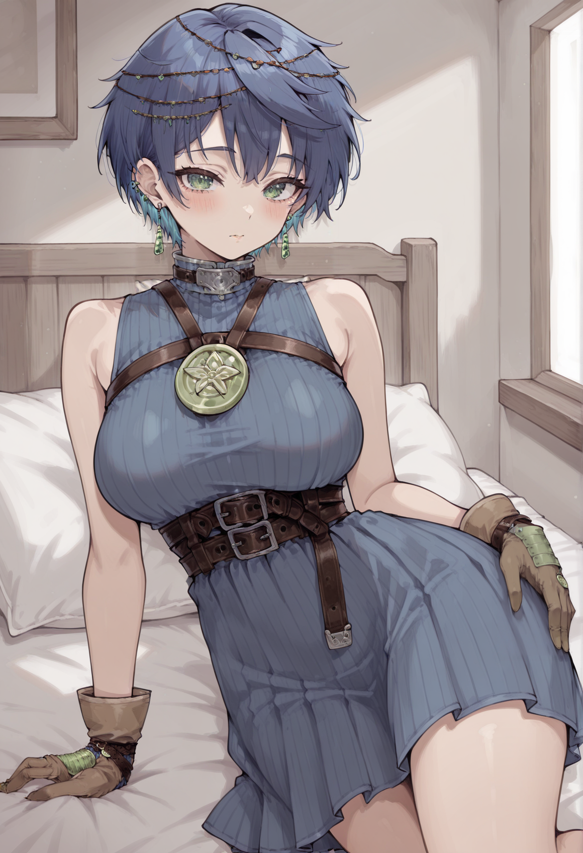 1girl, short hair, blue hair, hair ornament, earrings, jewelry, green eyes, high collar, medallion, harness, belt, blue dress, sleeveless, gloves, arm rest, hand on own hip, skirt, indoors, bed, lying, on side, looking at viewer, blush <lora:Layna_Illus_tutorial:1>, masterpiece, best quality, amazing quality, very aesthetic, absurdres, highres, newest
