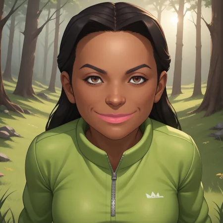 score_9, score_8, BREAK, solo, wii, mii, wii sports, 1girl, female mii, brown eyes, black hair, black eyebrows, pink lips, dark skin, light green clothing, white pants, shoes, nintendo mii, modern_mii, classic_mii, breasts, maria_\(\\wii_sports\\\), sexy pose, smile, outdoors, sunlight, shadows, evening lighting, natural lighting, forest, trees, grass, orange sky, sunset