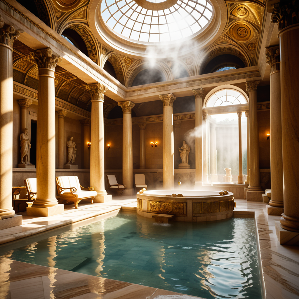 A highly detailed and realistic photograph of an ancient Roman sauna (thermae) from the time of Caesar, featuring grand marble architecture with intricate carvings and columns. The central bath is filled with steaming water, surrounded by polished marble tiles and mosaics depicting mythological scenes. The room is illuminated by natural light streaming through small openings in the high, domed ceiling, creating soft shadows and reflections on the water's surface. The atmosphere is hazy from the steam, and a few individuals dressed in Roman togas and tunics can be seen reclining on benches or chatting near the bath. The overall color palette includes shades of white, gold, and earthy tones, emphasizing the luxurious and serene environment.<lora:SDXLFaeTastic2400:0.4> <lora:extremely_detailed:0.4> extremely detailed, Masterpiece,best quality,hi res,8k,hi res,8k,award winning,(sharp focus, intricate, highly detailed),