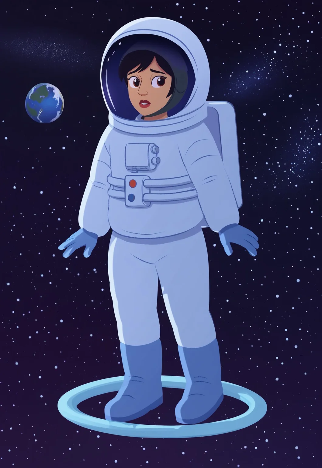 (zPDXL3) source_cartoon, handsfree, Perfect Hands, full body, 1girl, solo, looking at viewer ,
mari_lopez, black hair, short hair, spacesuit, astronaut, space helmet, gloves, space , floating in space, planet, tiny moon, nebula,