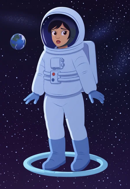 (zPDXL3) source_cartoon, handsfree, Perfect Hands, full body, 1girl, solo, looking at viewer ,
mari_lopez, black hair, short hair, spacesuit, astronaut, space helmet, gloves, space , floating in space, planet, tiny moon, nebula,