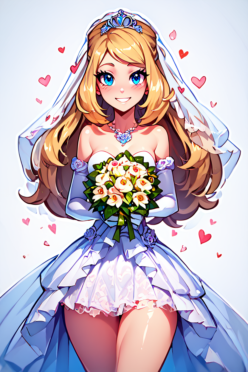 score_9, score_8_up, score_8, medium breasts, (curvy), cute, eyelashes,       BREAK, , zzSerena, solo, long hair, blue eyes,<lora:SerenaPokemon_PDXL_r1:0.7>, , BREAK, smile, looking at viewer,  bride, wedding dress, bridal veil, strapless dress, elbow gloves,  holding bouquet,  hearts, white outline, cowboy shot, embedding:zPDXL, Expressiveh,  <lora:CatalystStylePDXL:0.5>,  <lora:LFashionPDXL:1>,  <lora:Uncensored_PonyXL_cpt_v02.09:0.4>,  <lora:Expressive_H-000001:0.4>,