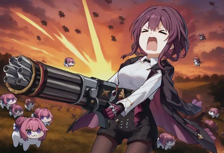 <lora:kafka_hsr_xypher_pdxl_v1:0.8> score_9, score_8_up, score_7_up BREAK source_anime, kafka, collared shirt, jacket on arms, high-waist shorts, pantyhose under shorts,  purple gloves, <lora:firearm_enhancement:0.9> holding ranged weapon, gatling gun,  <lora:AyanamiBarrageMeme_XLPD:1> AyanamiBarrageMeme, upper body, closed eyes, open mouth, > <, (chibi:0.7), outdoors  <lora:concept_aquascreaming_ponyXL:0.8> aquascreaming, screaming