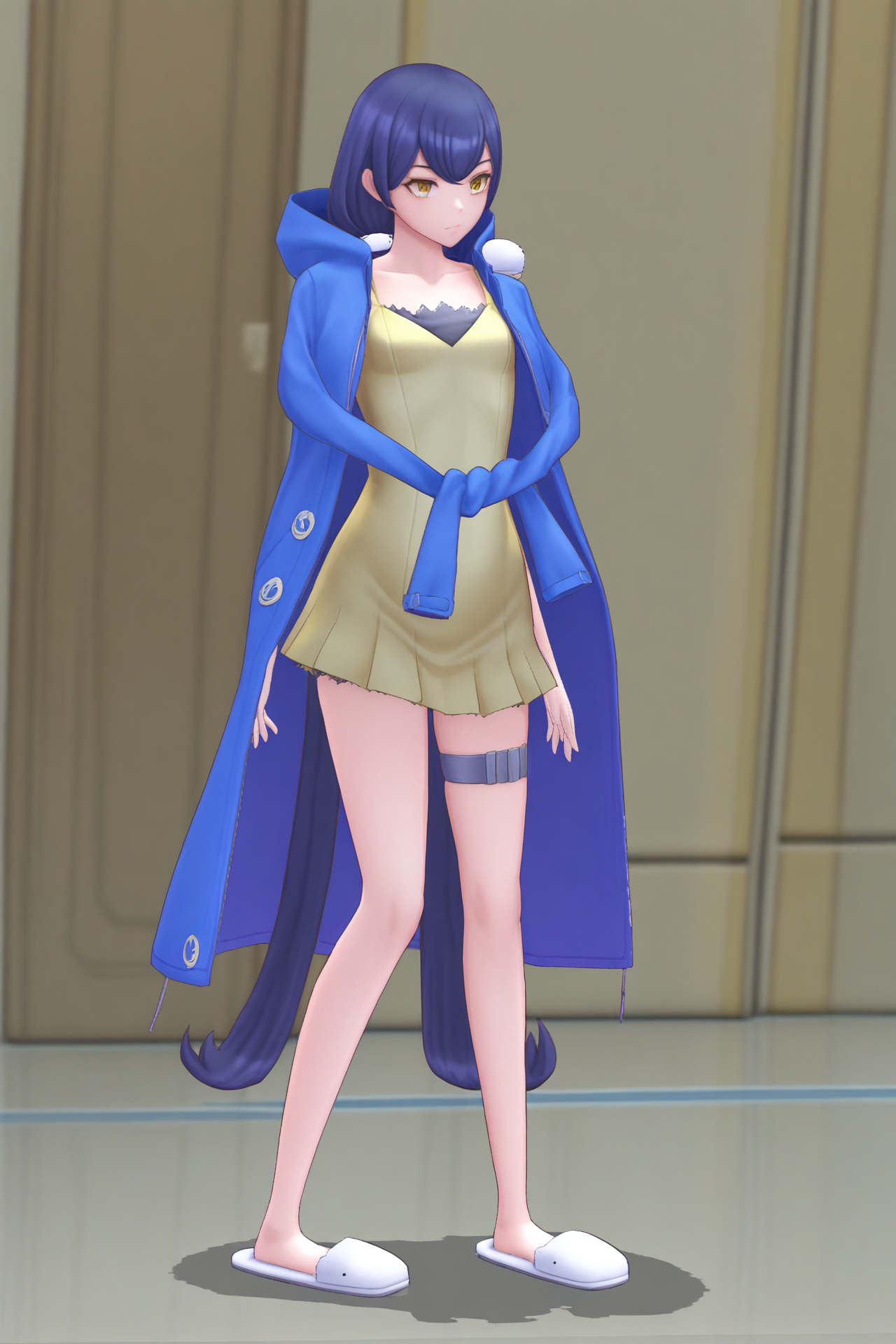 yellow dress slippers, dsc-erika, blue hair, hair ornament, 1girl, solo, narrow waist, masterpiece, absurdres, high quality, highres, best quality, (full body:1.20), recent <lora:dsc-erika-V01-000003:1.0>