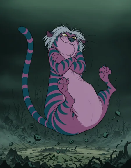 smooth quality, masterpiece, very intricate, high quality details, ultra realistic, high detailed skin, detailed environment, absurdres, solo, simple background, black background, color drain, erostigermadammim, tiger, purple fur, striped fur, yellow eyes, grey hair, whiskers, tail, falling from the sky, mid-air, ground impact, crossed arms